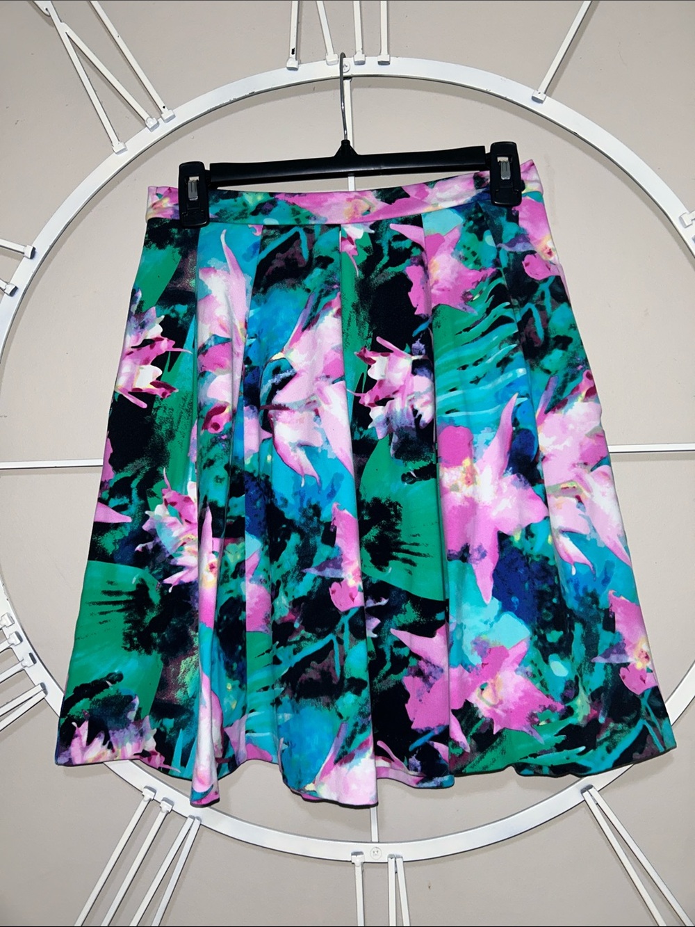 Cynthia Rowley Teal, Pink & Black Floral Circle Skater Skirt w Pockets